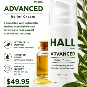 Essential oil bottle next to relief cream